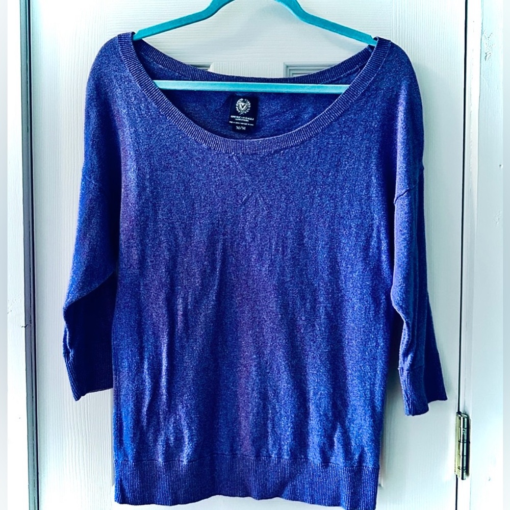 AMERICAN EAGLE OUTFITTERS Knit Sweater, Scoop Neck, 3/4 Sleeve, Blue, Medium EUC
